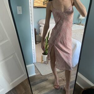 Red silk / animal print spaghetti strap dress with slit